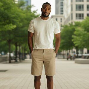 Claiborne Mens Size 38 x 9 Beige Tan Flat Front Pockets Casual Chino Shorts